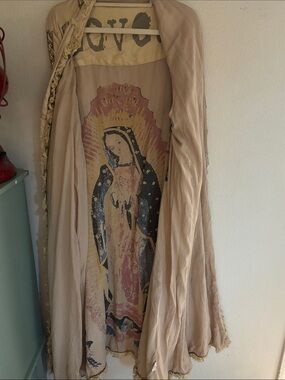 Magnolia Pearl Beige Canvas Coat with Graphic Virgin Mary Lining PRICE FIRM